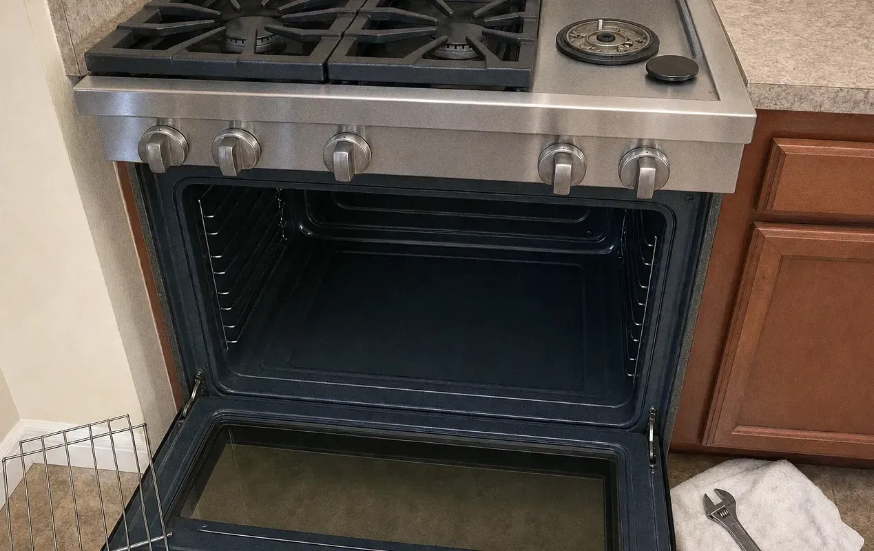 Stainless range in a kitchen corner with the oven door lowered on its inner glass, a rack on the floor and a wrench beside a towel