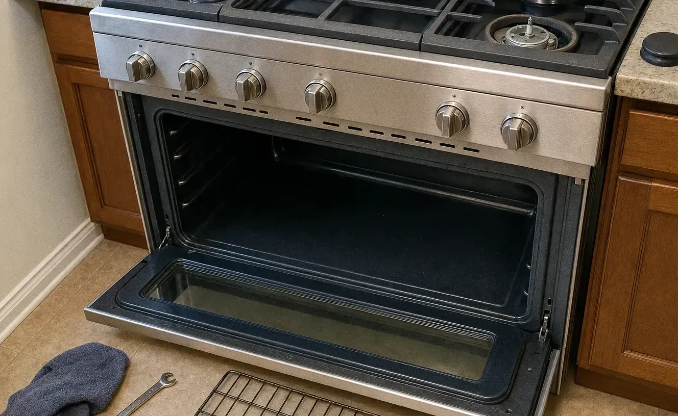 Stainless range against dark timber cabinets with the oven door flat open, a folded towel and an adjustable wrench on the floor in front