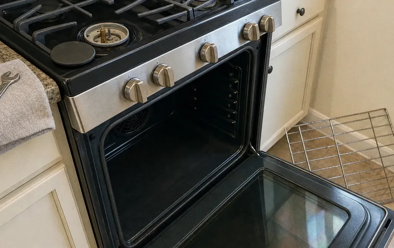 Stainless range against cream cabinetry seen at an angle, oven door open on the glass panel and a wire rack standing on the tiles