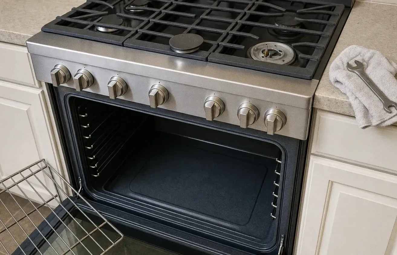 Stainless range straight on with the oven door lowered, a wire rack leaning into the empty cavity and a towel over the counter edge