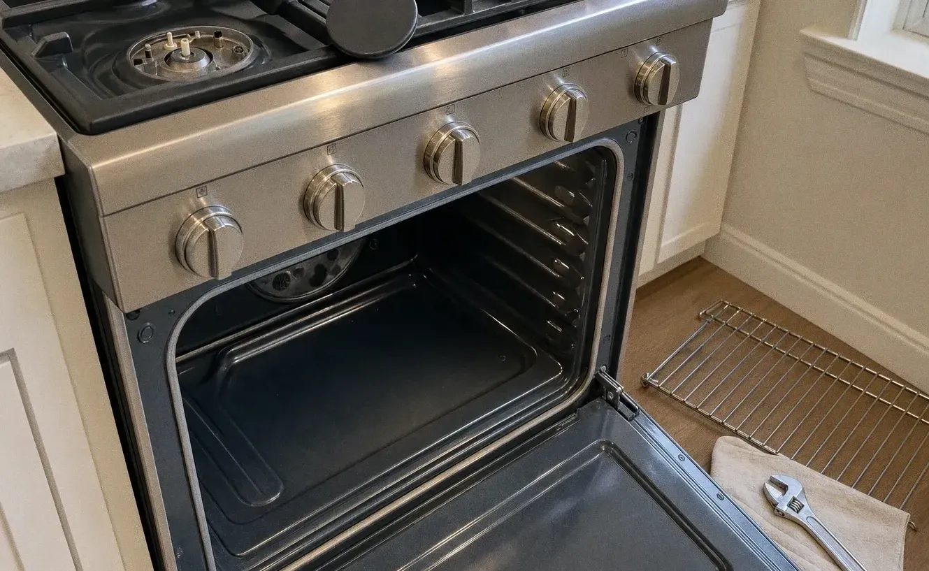 Stainless range with the oven door lowered and used as a rest for a towel and a wrench, an oven rack on the floor alongside