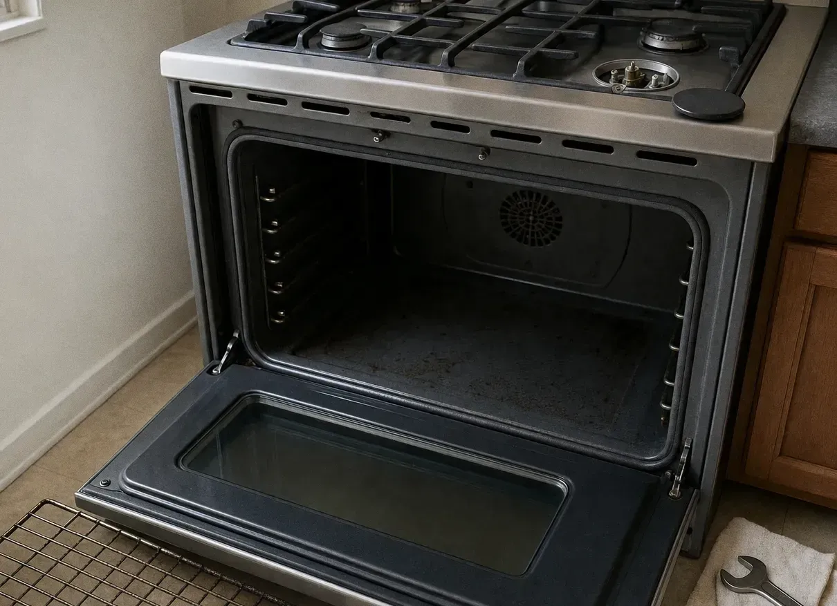 Oven door lowered flat on an empty cavity with the convection fan cover on the back wall, a rack on a floor mat and a wrench alongside
