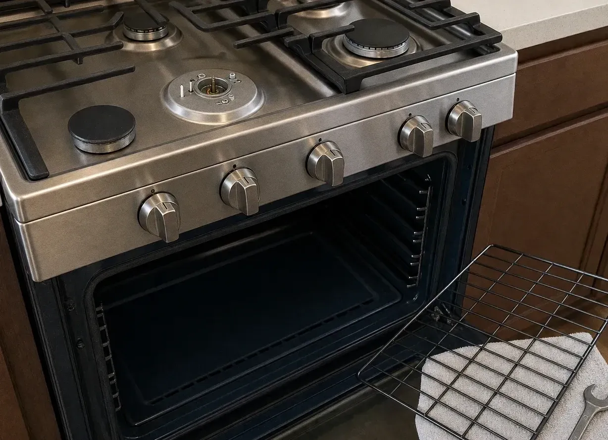 Gas rangetop seen from the right with burner caps removed, the oven door open below and a rack, towel and wrench on the floor