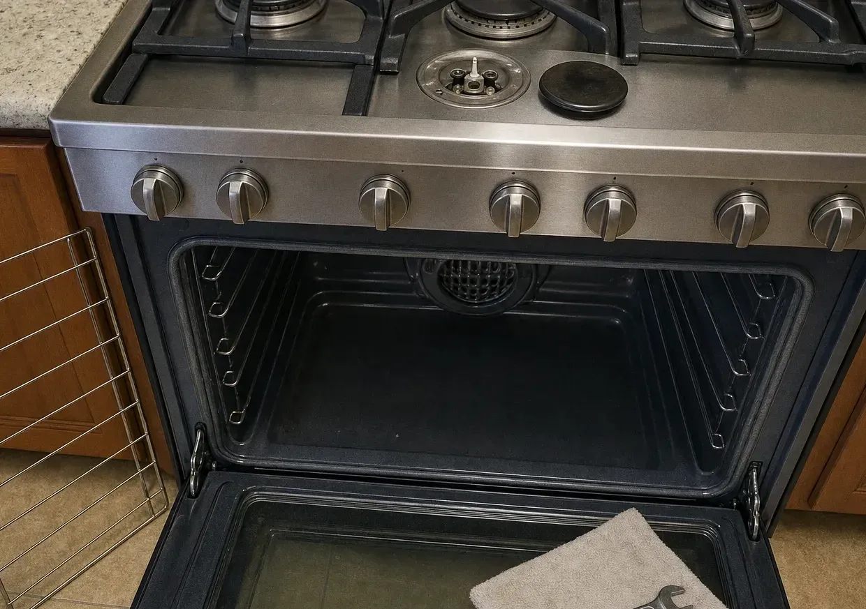 Stainless range set into a dark timber run with the oven door open, the convection fan cover visible at the back of the cavity