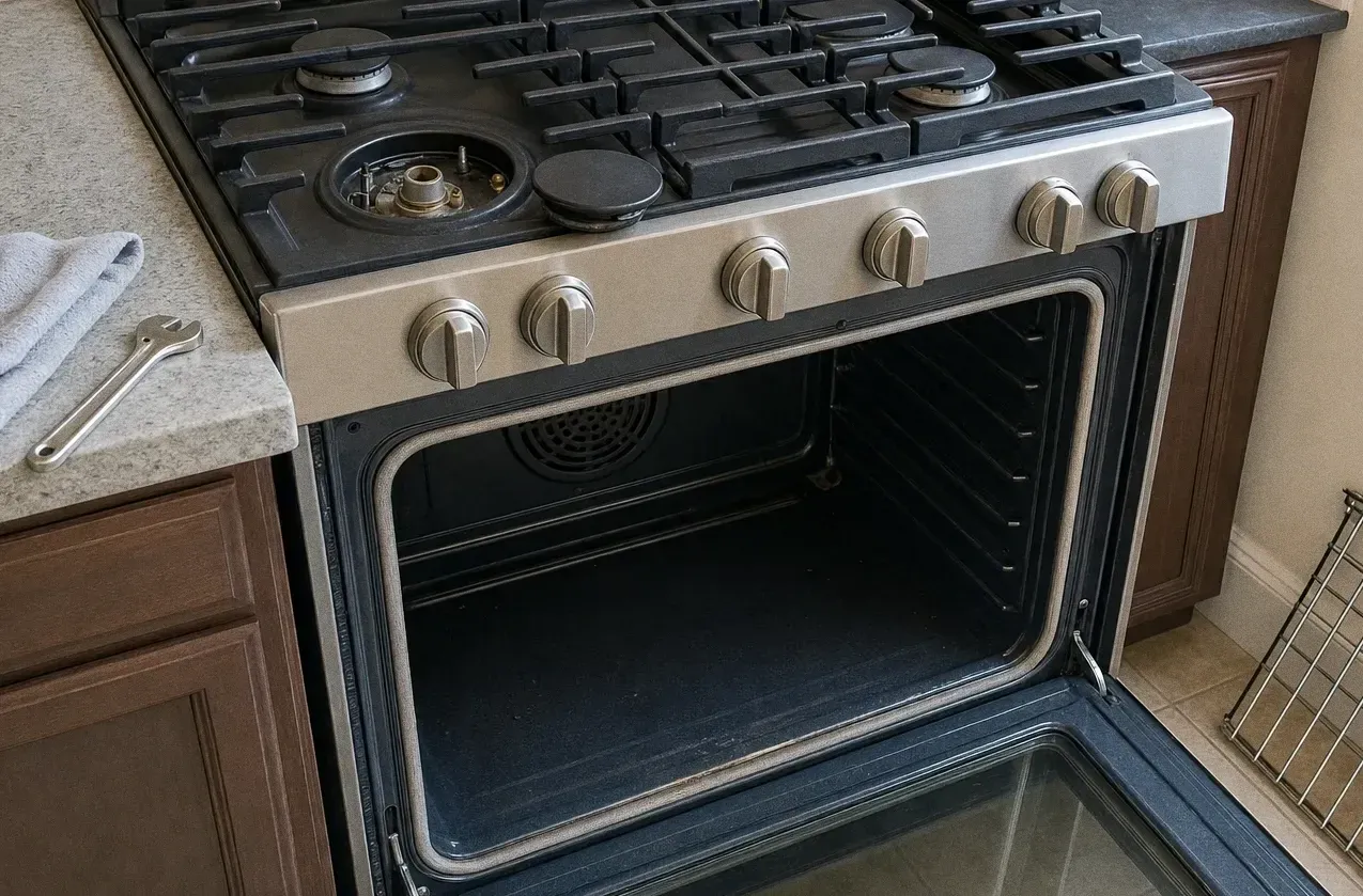 Rangetop at an angle with a burner ring lifted out and the simmer plate beside it, oven door open and a wrench on the counter